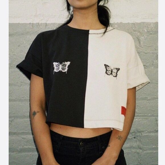 CHNGE T-Shirt Women S Black Ivory Split Butterfly Crop Boxy Two-Tone Sustainable - Picture 3 of 11